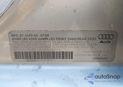 2009 Audi A4 2.0T Premium from USA, damaged, VIN WAUSF78K89N014781
